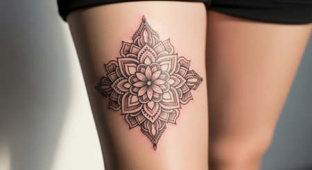 Intricate mandala tattoo on woman's thighの素材