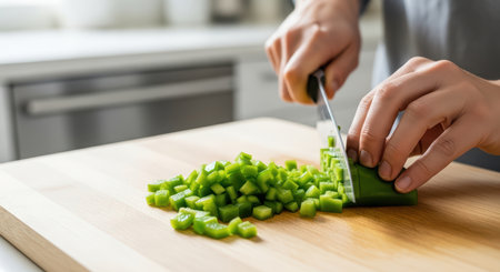 Close-up of hands chopping fresh green bell pepper on wooden cutting boardの素材