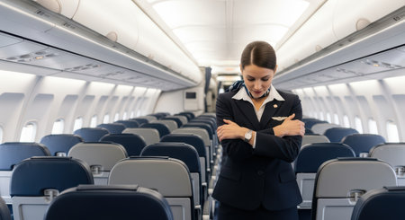Female flight attendant in uniform inside empty airplane cabinの素材
