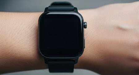 Close-up of modern black smartwatch on wrist with blank screenの素材