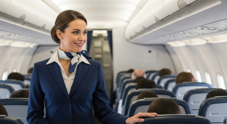 Young caucasian female flight attendant in uniform assisting passengers inside airplane cabinの素材