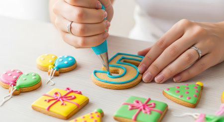 Female decorating colorful birthday cookies with icing and number five shapeの素材
