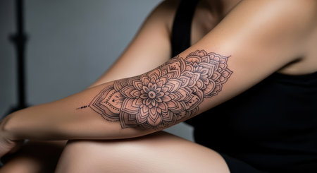 Intricate mandala tattoo on female arm in black inkの素材