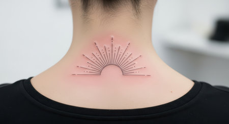 Minimalist sun tattoo on female adult's neckの素材