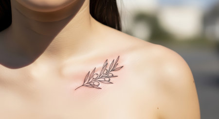 Female adult with olive branch tattoo on collarbone in sunlightの素材