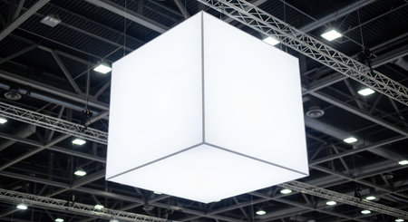 Large illuminated cube hanging in industrial exhibition spaceの素材