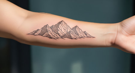 Mountain tattoo on female's arm - detailed black line artの素材