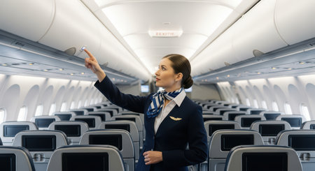 Female caucasian flight attendant in uniform adjusts overhead cabin on empty airplaneの素材