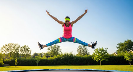 Energetic young caucasian female jumping on trampoline in colorful outfit outdoorsの素材