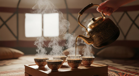 Traditional tea ceremony with ornate teapot and steaming cups in cozy settingの素材