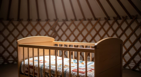 Cozy wooden crib in sunlit yurt interior featuring quilted beddingの素材