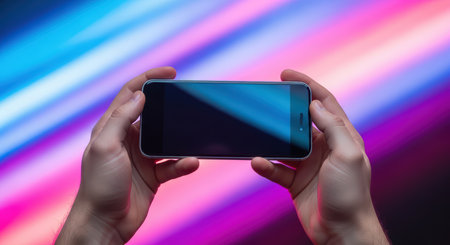 Hands holding smartphone against colorful neon backgroundの素材