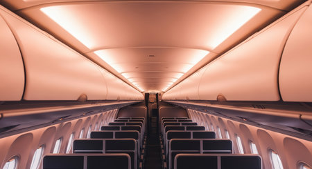 Empty airplane interior with soft lighting and rows of seatsの素材