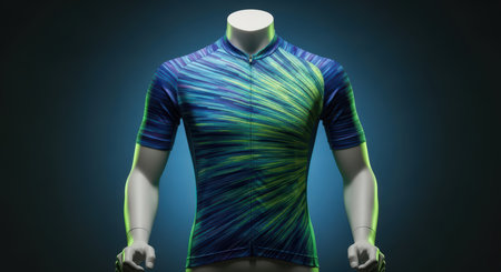 Neon green and blue athletic shirt display on headless mannequin with dynamic lightingの素材