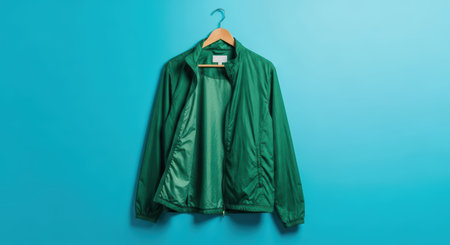 Green windbreaker jacket on wooden hanger against blue backgroundの素材