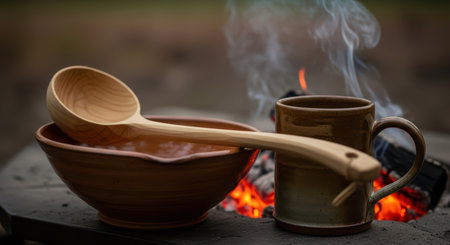 Rustic campfire setting with wooden bowl, mug, and steam risingの素材