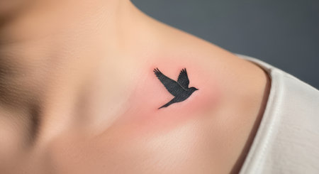 Minimalist black bird tattoo on caucasian female's neckの素材