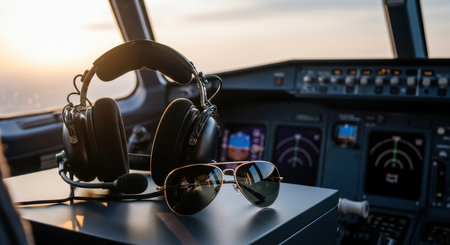 Aviation cockpit view with pilot headset and sunglasses in modern aircraftの素材
