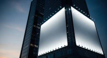 Illuminated blank billboard on modern skyscraper at duskの素材