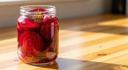 Jar of pickled beets in sunlight on wooden tableの素材