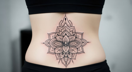 Intricate mandala tattoo on female's lower backの素材
