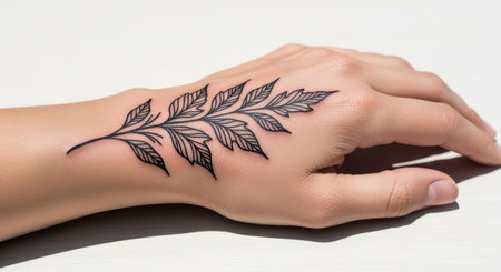 Leaf tattoo on young caucasian female hand with natural light shadow playの素材