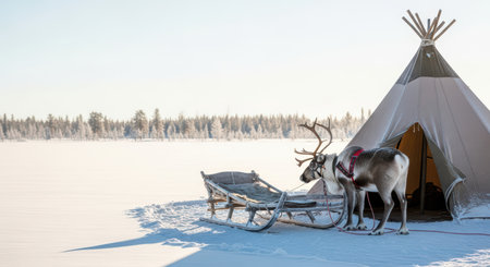 Winter wilderness: reindeer and snowy teepee scene in remote landscapeの素材