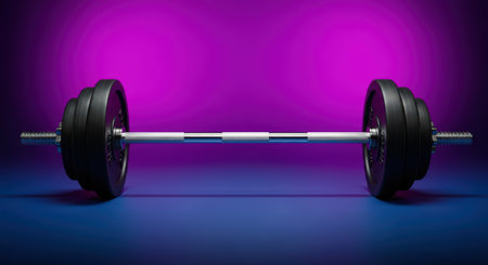 Heavy barbell with black weights on gradient purple and blue backgroundの素材