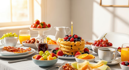 Delicious breakfast spread with waffles, fruits, and orange juice on a sunny morningの素材