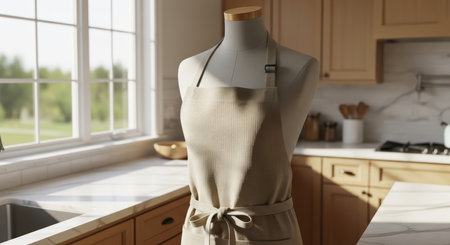 Mannequin displaying apron in sunlit kitchen interior with wooden cabinetsの素材