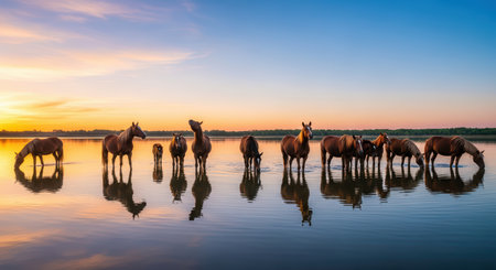 Herd of horses at tranquil sunset in shallow lake waterの素材