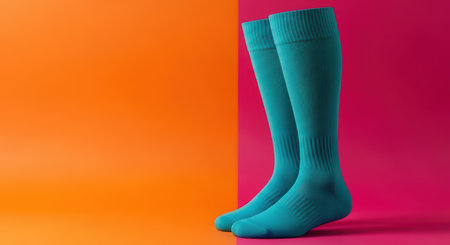 Bright teal socks against vibrant orange and pink backgroundの素材
