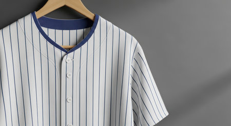 Classic white baseball jersey with blue pinstripes on hangerの素材