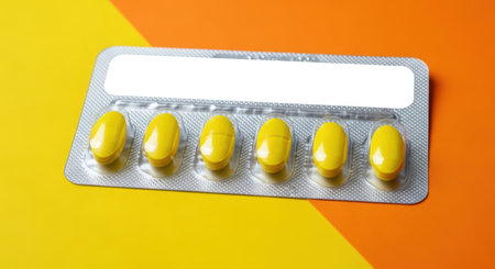 Blister pack of yellow capsules on orange and yellow backgroundの素材