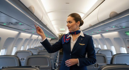 Female caucasian flight attendant checking overhead compartments in airplane cabinの素材