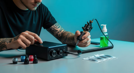 Young caucasian male tattoo artist preparing equipment in studioの素材