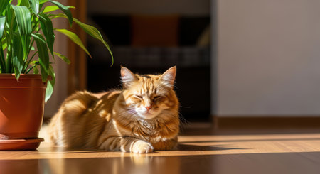 Ginger cat relaxing in sunlight on wooden floor next to houseplantの素材