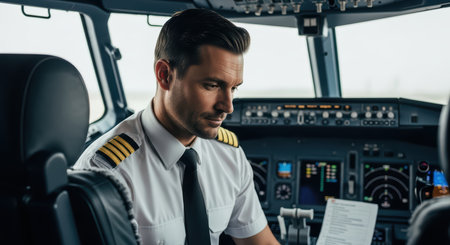 Caucasian male pilot reviewing flight plan in cockpit of commercial aircraftの素材