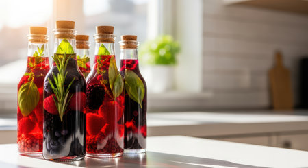 Vibrant infused water bottles with fresh berries and herbs on a sunny kitchen counterの素材