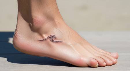 Minimalist wave tattoo on male ankle with light skin toneの素材