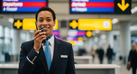 African male airport staff using handheld radio in terminalの素材