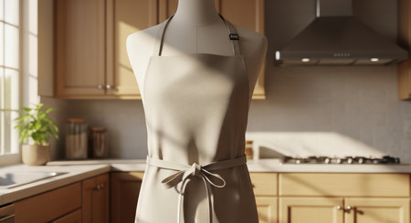 Mannequin displaying apron in sunlit modern kitchen settingの素材