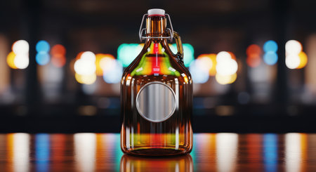 Amber glass growler with reflective surface on wooden bar in colorful blur backgroundの素材