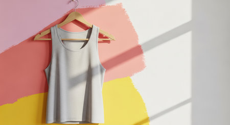 Modern minimalist tank top on wooden hanger against colorful wall with sunlightの素材