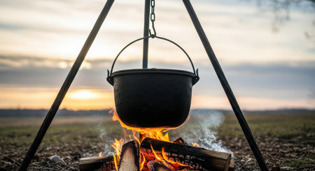 Outdoor cooking: black pot hanging over campfire in scenic landscapeの素材