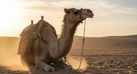 Camel resting at sunset in desert landscapeの素材