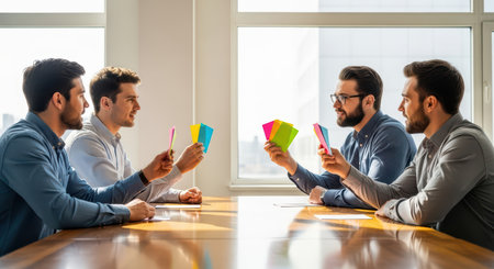Caucasian male team meeting: four adults discussing ideas with colorful sticky notes in officeの素材