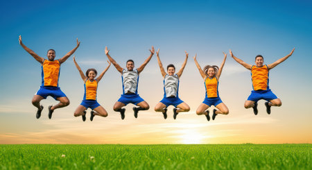 Diverse group of young adults jumping joyfully on grass at sunsetの素材