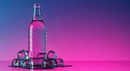 Chilled glass bottle with ice cubes on reflective pink and blue backgroundの素材