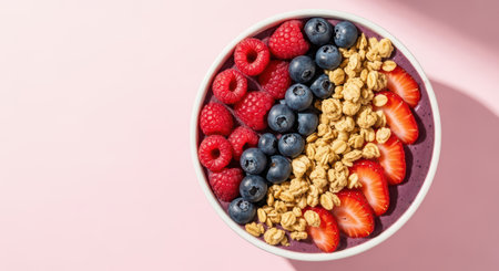 Colorful mixed berry smoothie bowl with granola and fresh fruit on pink backgroundの素材